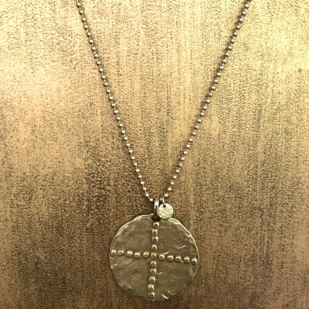 Gold ball chain necklace and 1-3/4” disk w/dotted cross & tiny charm by Chico’s - Picture 4 of 10